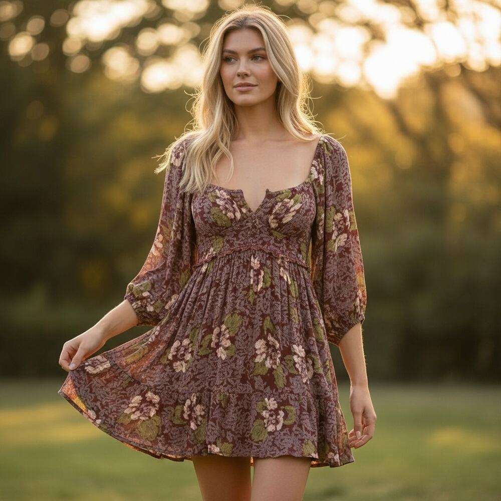 Free People Mini Dress Sz Small Maroon Puff Sleeve Bohemian Floral Pockets Boho